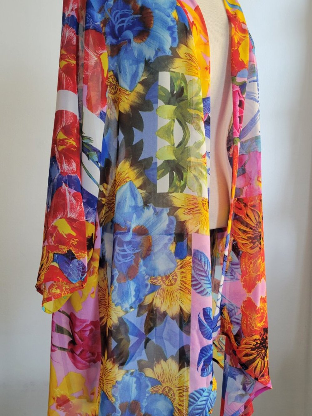 Vibrant Floral Art-to-Wear Sheer Kimono Jacket | S/M - Picture 7 of 16